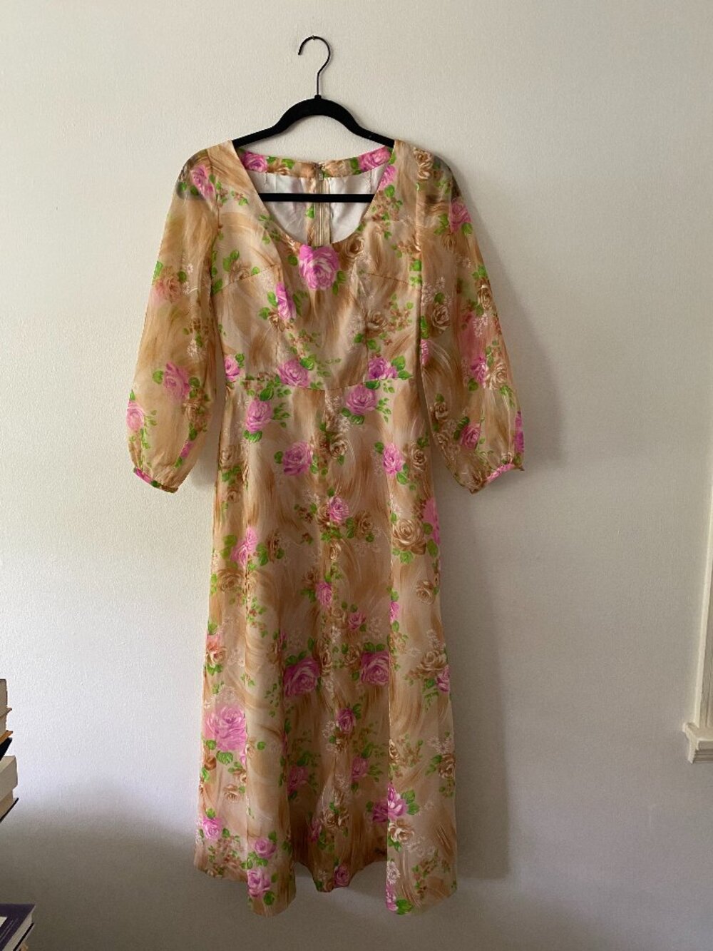 Vintage 1970s Floral Rose Prairie Boho Maxi Long Sleeve Gown Small Handmade - Picture 2 of 7